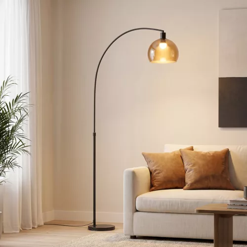 Stehlampe, gebogener Kopf, Fußschalter, Marmorsockel, Kunststoffschirm, Grau