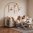 Stehlampe, gebogener Kopf, Fußschalter, Marmorsockel, Kunststoffschirm, Grau