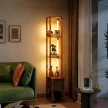 LED állólámpa polcokkal, állítható fényerővel, lábkapcsolóval hálószobába, rusztikus barna