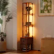 LED állólámpa polcokkal, állítható fényerővel, lábkapcsolóval hálószobába, rusztikus barna