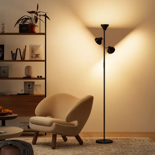 Szabályozható fényerejű állólámpa olvasólámpával, RGB színváltós állólámpa távirányítóval, érintésvezérléssel, 3 forgó fejjel, fekete