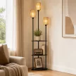  Stehlampe Boho 3-flammig Stehleuchte 3 Ablagen Papierseil-Lampenschirm Schwarz