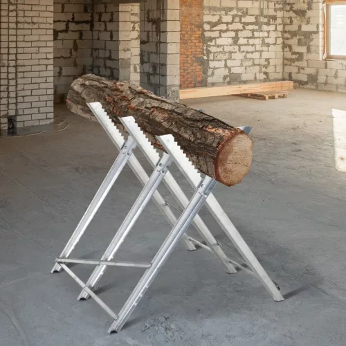 Láncfűrész állvány, összecsukható fűrészállvány tűzifához, ezüst fém, 83 x 83 x 79 cm