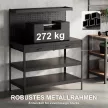 Munkapad állítható polcokkal, robusztus munkaállomás lyukacsos táblával és 2 fiókkal, 122 x 61 x 156 cm, fekete