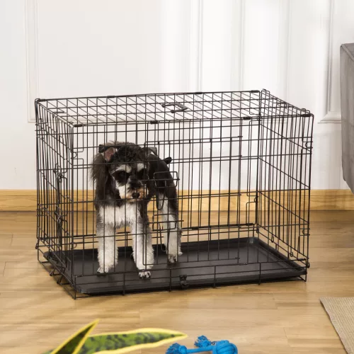 Kutyaketrec, szállítódoboz, drótketrec, kivehető alsó tálca, fekete