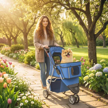  Összecsukható kutyakocsi/buggy kistestű kutyáknak, 10 kg-ig, tárolókosárral, párnával, hálós ablakokkal, 77x44x102cm, kék
