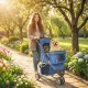 Összecsukható kutyakocsi/buggy kistestű kutyáknak, 10 kg-ig, tárolókosárral, párnával, hálós ablakokkal, 77x44x102cm, kék