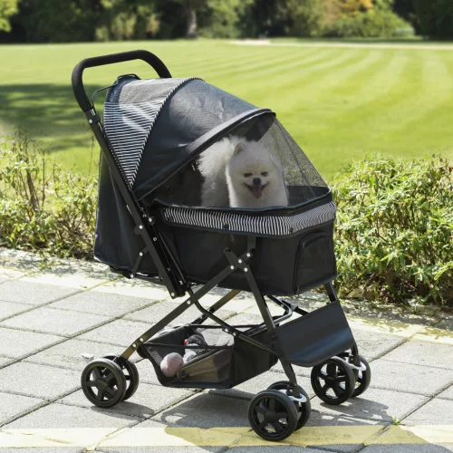  Hundewagen Hundebuggy klappbar, 1 Korb, 2 Bremsen, inkl. Sicherheitsleine, Schwarz