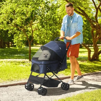   Kutyakocsi/kutyabuggy 10 kg-ig, állítható tető, összecsukható, padlókosár, 2 fék, biztonsági póráz, kék