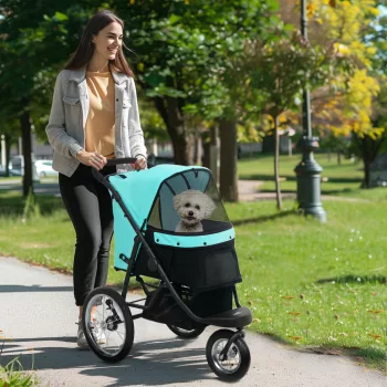   Kutyakocsi, kistestű kutyáknak és macskáknak való kisállat babakocsi, tárolókosárral, egy kattintással összecsukható kialakítás, türkiz