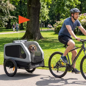    Faltbar Fahrradanhänger für Mittelgroße Hunde bis 20kg mit herunterklappbare Rampe Reflektoren Leine Flagge Grau