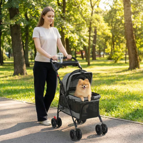 Összecsukható kutyakocsi párnával, hálós ablakokkal, pohártartóval, 360°-ban forgó kerekekkel, kistestű kutyáknak (10 kg), szürke
