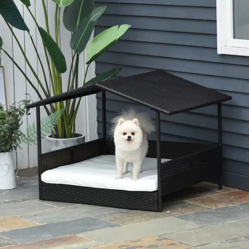 Rattan kültéri kutyafekhely ponyvával, megemelt kutyafekhely 69 x 98 x 70 cm, hűsítő kisállatfekhely fémkerettel, levehető párnákkal, kisállatfekhely kis és közepes testű kutyáknak, kávébarna