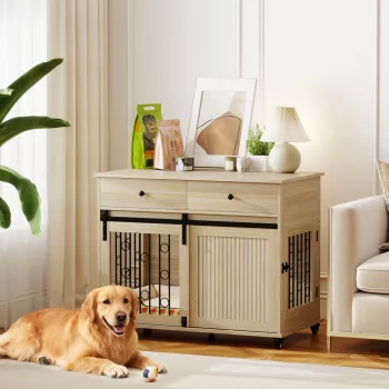   Hundebox auf Rädern, 2 Türen, 2 Schubladen, für mittlere und große Hunde, Holz, Stahl