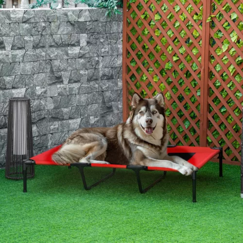  Hundebett, faltbar, Outdoor-Hundebett, erhöhter Stand, 122 cm x 92 cm x 23 cm, Rot + Schwarz