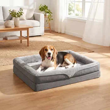   Hundebett mit Erhöhte Ränder rutschfester Unterseite Leinenoptik Waschbar Hundekissen spritzwasserabweisend 91x68x16cm