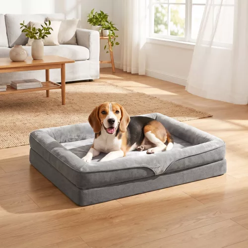Hundebett mit Erhöhte Ränder rutschfester Unterseite Leinenoptik Waschbar Hundekissen spritzwasserabweisend 91x68x16cm