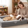 Hundebett mit Erhöhte Ränder rutschfester Unterseite Leinenoptik Waschbar Hundekissen spritzwasserabweisend 91x68x16cm