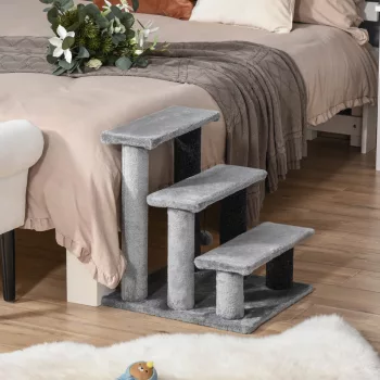   Katzentreppe 3-stufige Haustiertreppe mit Kratzsäulen Ball Hundetreppe Tiertreppe für Katzen bis 5 kg Plüsch Jute Grau 45 x 40 x 48 cm