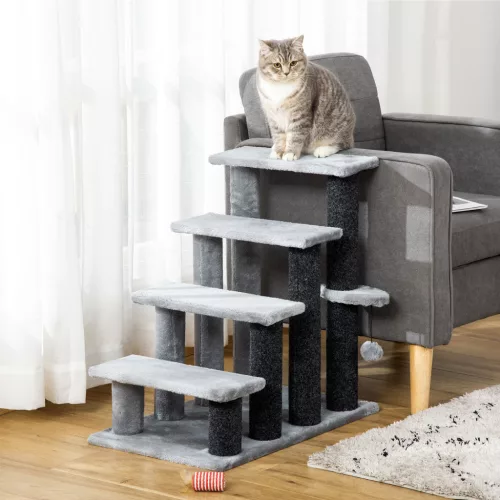 Macskalépcső, 4 lépcsős kisállatlépcső kaparófákkal és labdával, kutyalépcső, kisállatlépcső macskáknak 5 kg-ig, plüss juta szürke, 60 x 40 x 64 cm