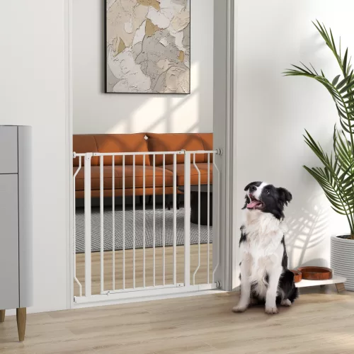 Kutyabiztonsági kapu, elválasztó kapu, kétirányú nyitás, falra szerelhető patentkapcsokkal, 75 cm-től 95 cm-ig állítható, fehér