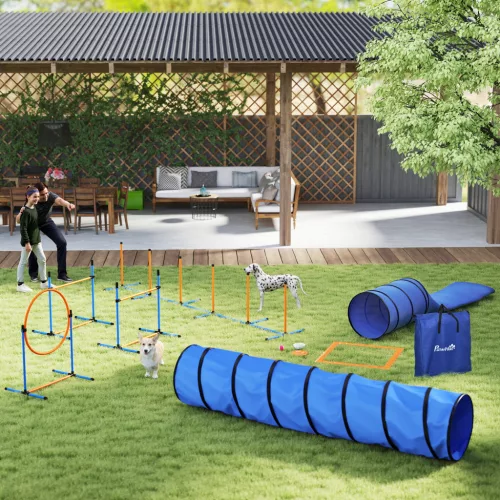 Agility készlet kutyáknak, 11 darabos agility felszerelés kutyáknak 2 alagúttal, állítható magasságú ugrógyűrűvel és gáttal, szlalom rúddal