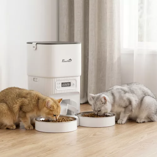  Automatischer Katzenfutterspender mit Zeitschaltuhr, Portionierung und 2 Edelstahlnäpfen