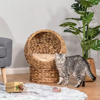   Rattan macskakosár, macskabarlang, macskaház, macskafekhely párnával, kisállatfekhely, vízijácint, barna, 50 x 42 x 60 cm