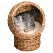 Rattan macskakosár, macskabarlang, macskaház, macskafekhely párnával, kisállatfekhely, vízijácint, barna, 50 x 42 x 60 cm