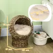 Rattan macskakosár, macskabarlang, macskaház, macskafekhely párnával, kisállatfekhely, vízijácint, kávé, 40 x 37 x 51 cm