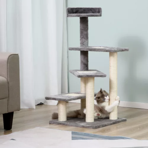 Macskafa, játszófa, macskakaparófa lépcsőkkel, 5 szint, bézs/szürke, 48,5 x 48,5 x 100 cm (H x Sz x M)