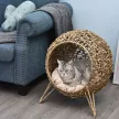 Rattan macskaház párnával, macskafekhely, macskabarlang emelt lábakkal, natúr, Ø52 x 58 cm