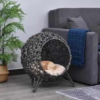   Rattan macskaház párnával, macskafekhely, macskabarlang emelt lábakkal, ezüstszürke, Ø52 x 58 cm