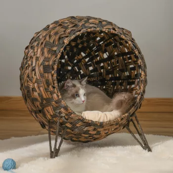   Rattan macskaház párnával, macskafekhely, macskabarlang emelt lábakkal, barna, Ø52 x 58 cm