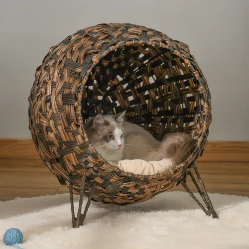 Rattan macskaház párnával, macskafekhely, macskabarlang emelt lábakkal, barna, Ø52 x 58 cm