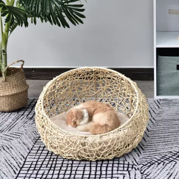   Rattan macskabarlang, macskafekhely, macskaház párnával, macskasátor, kisállatház macskáknak és kutyáknak, bézs, Ø56 x 35 cm