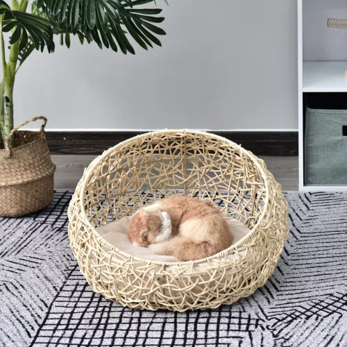 Rattan macskabarlang, macskafekhely, macskaház párnával, macskasátor, kisállatház macskáknak és kutyáknak, bézs, Ø56 x 35 cm