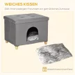 2 az 1-ben macskabarlang lábtartó párnával, fa lábakkal, macskaház, macskakosár, puhán párnázott ottomán, elegáns dizájn, kivehető MDF plüss, szürke, 60 x 45 x 44,5 cm