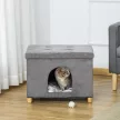 2 az 1-ben macskabarlang lábtartó párnával, fa lábakkal, macskaház, macskakosár, puhán párnázott ottomán, elegáns dizájn, kivehető MDF plüss, szürke, 60 x 45 x 44,5 cm