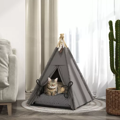 Tipi sátor háziállatoknak, tipi dizájnú kisállatfekhely, macskasátor párnával, kutyafekhely alváshoz, macskafekhely, szürke