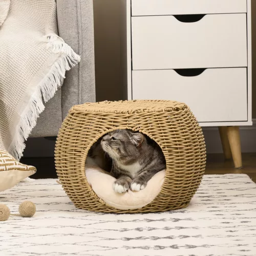 Rattan macskakosár, kétszintes macskafekhely, macskakosár párnával, bejárati ajtó 3,5 kg alatti macskáknak, Ø40 x 30 cm