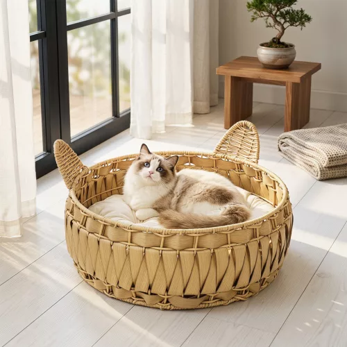 Rattan macskafekhely, macskabarlang levehető párnával, macskakosár 10 kg-os macskáknak, 50 x 50 x 25 cm, világosbarna