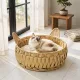 Rattan macskafekhely, macskabarlang levehető párnával, macskakosár 10 kg-os macskáknak, 50 x 50 x 25 cm, világosbarna