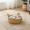 Rattan macskafekhely, macskabarlang levehető párnával, macskakosár 10 kg-os macskáknak, 50 x 50 x 25 cm, világosbarna