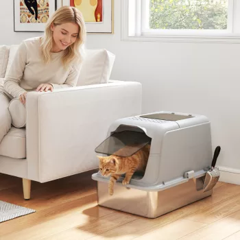   Macskaalom, macska WC fedéllel, alomlapáttal, elölről be- és felülről kijárattal, rozsdamentes acél, 8 kg-ig