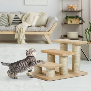   Kisállatlépcső, macskalépcső, kutyalépcső, 3 lépcsőfok, lépcső macskáknak és kutyáknak, plüss, krémszínű, 45 x 35 x 34 cm