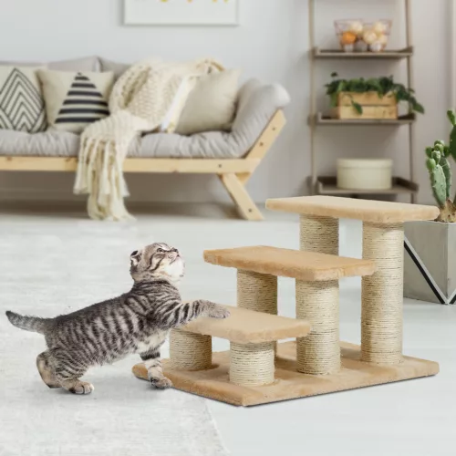 Kisállatlépcső, macskalépcső, kutyalépcső, 3 lépcsőfok, lépcső macskáknak és kutyáknak, plüss, krémszínű, 45 x 35 x 34 cm