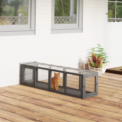  Katzentunnel Katzenspielzeug aus Holz mit 3 Türen, erweiterbar Spieltunnel für Katzen bis 10 kg, 151,5 x 38,5 cm Grau