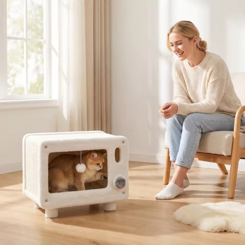 Katzenhaus im TV-Design, Katzenhöhle mit Hängematte und Spielball, Sisal-Kratzmatte, für Katzen bis 7 kg 50 x 33 x 42 cm