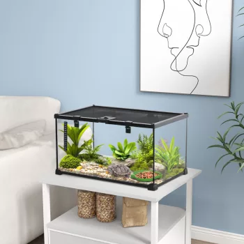   Hüllő doboz terrárium, szalaghőmérővel, etetőnyílásokkal, 50 cm x 30 cm x 25 cm, üveg + fém, fekete